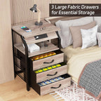 SZLHANJZ Night Stand Set of 2, Nightstands with Charger Station and LED Lights, End Tables Set with 3 Fabric Drawers, Storage Side Tables for Bedside, Living Room, Greige