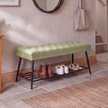 Thick Cushioned Shoe Bench, Entryway Bench with Metal Shoe Rack, Upholstered Tufted Ottoman Bench for Bedroom, End of Bed Bench, Farmhouse Style Storage Bench for Hallway, Living Room, Beige