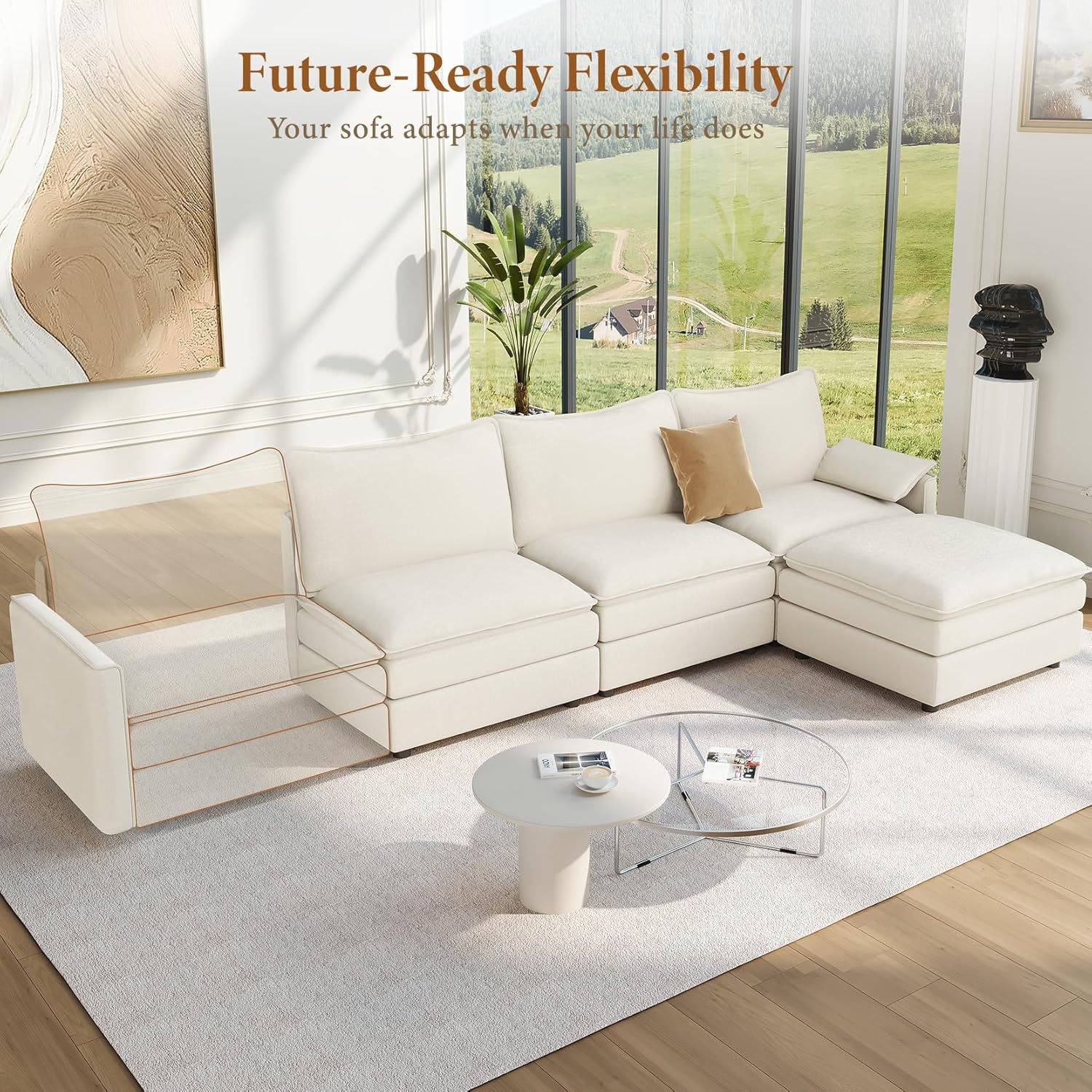 Vesgantti 108" Modular Sectional Sofa, Comfy Cloud Couch with Movable Ottoman Deep Seat Chenille L Shaped Modular Sofa, Sectional Couches for Living Room, Bedroom and Apartment, Snow White