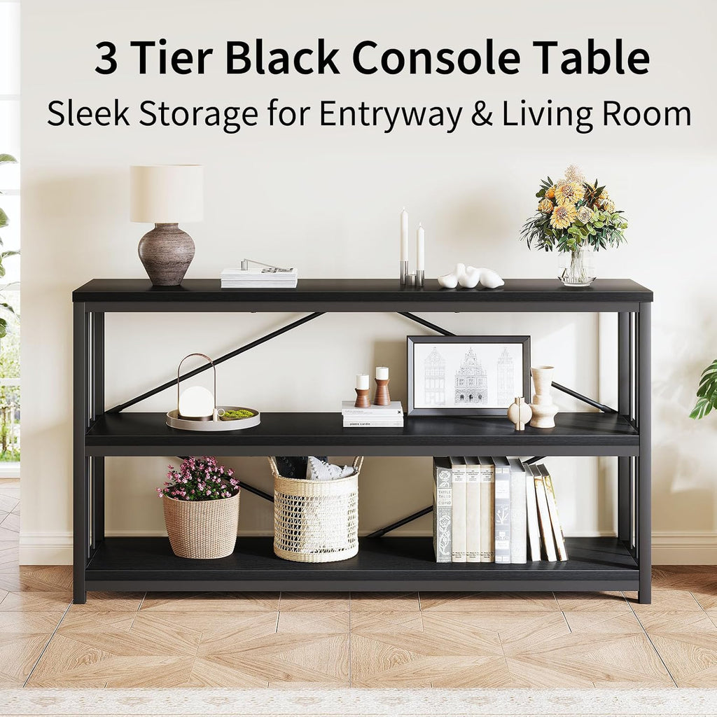 LVB Black Console Table, Modern Entryway Table, Black Oak, 55 in | Industrial Sofa Tables Behind Couch for Hallway Living Room, Farmhouse Wooden Metal Tables with 3-Tier Storage Shelves