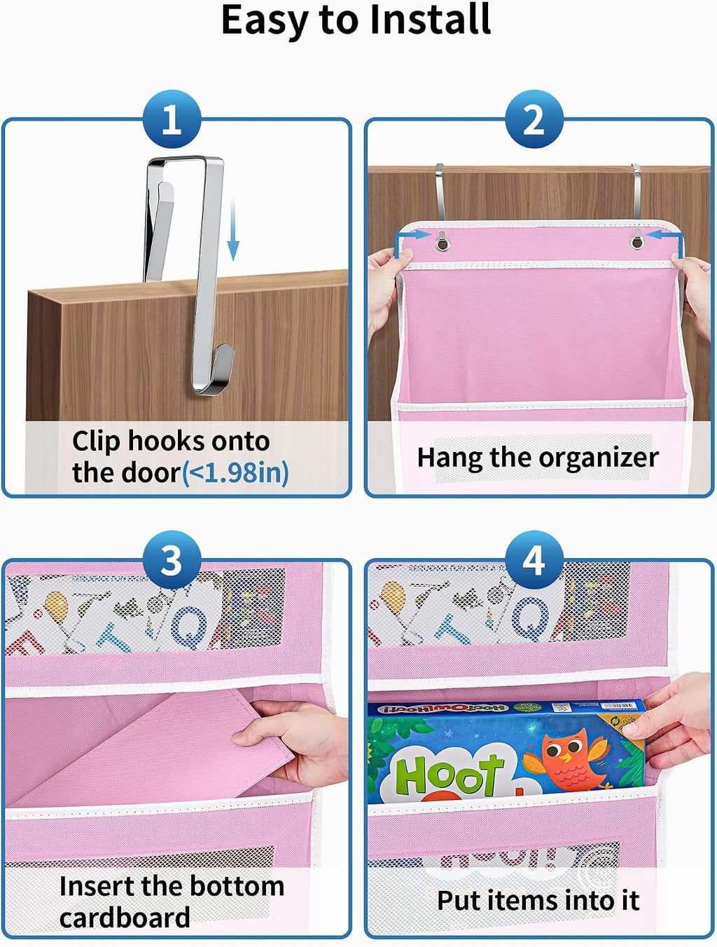JARLINK Over the Door Organizer for Bedroom, Pantry, Bathroom, 5 Shelf Pink | Anti-Tilt Design, 44 lb Load Capacity, Hanging Door Organizer with 5 Large Capacity Pockets, Behind Door Storage for Nursery
