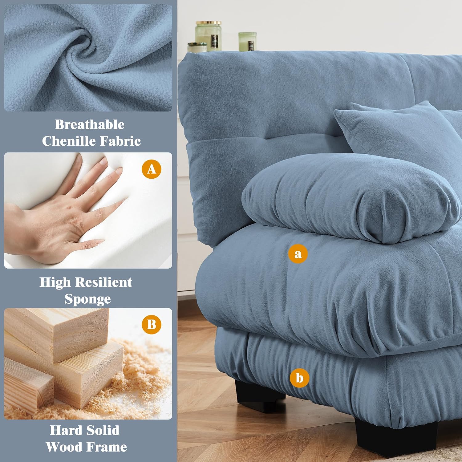 Oversized Modular Velvet Sectional Cloud Sofa Couch with Movable Ottoman,Corner Sofa with Comfortable Armrests, Deep Seat, Convertible L or U Shaped Couch (Sky-Light Blue, 3 Seat + 1 Ottoman)