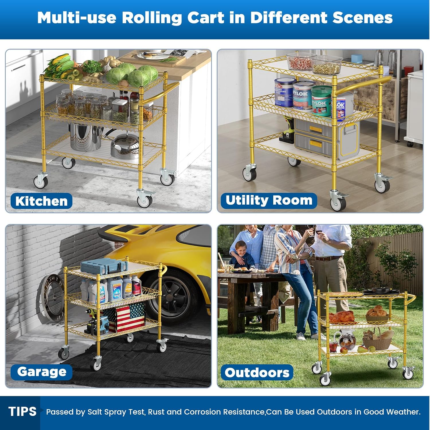 Leteuke 3 Tier Rolling Carts with Wheels, Heavy Duty Rolling Utility Cart