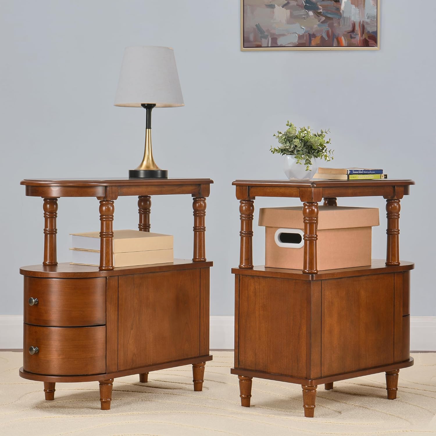 Narrow End Side Table With 2 Drawers and Storage Shelf, Slim Side Tables, Farmhouse Sofa Beside Table- for Small Spaces, Living Room Telephone Tables, Tools-free Assembly, Caramel Brown BG-A508-MG