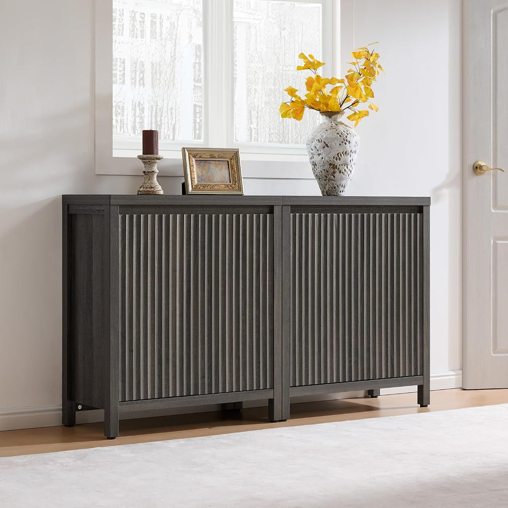 SICOTAS Sideboard Buffet Cabinet with Storage, Fluted Credenza Console Cabinet with Adjustable Shelves, Modern Coffee Bar Storage Cabinet for Kitchen, Living Room, Entryway, Black Oak, 3 PCS