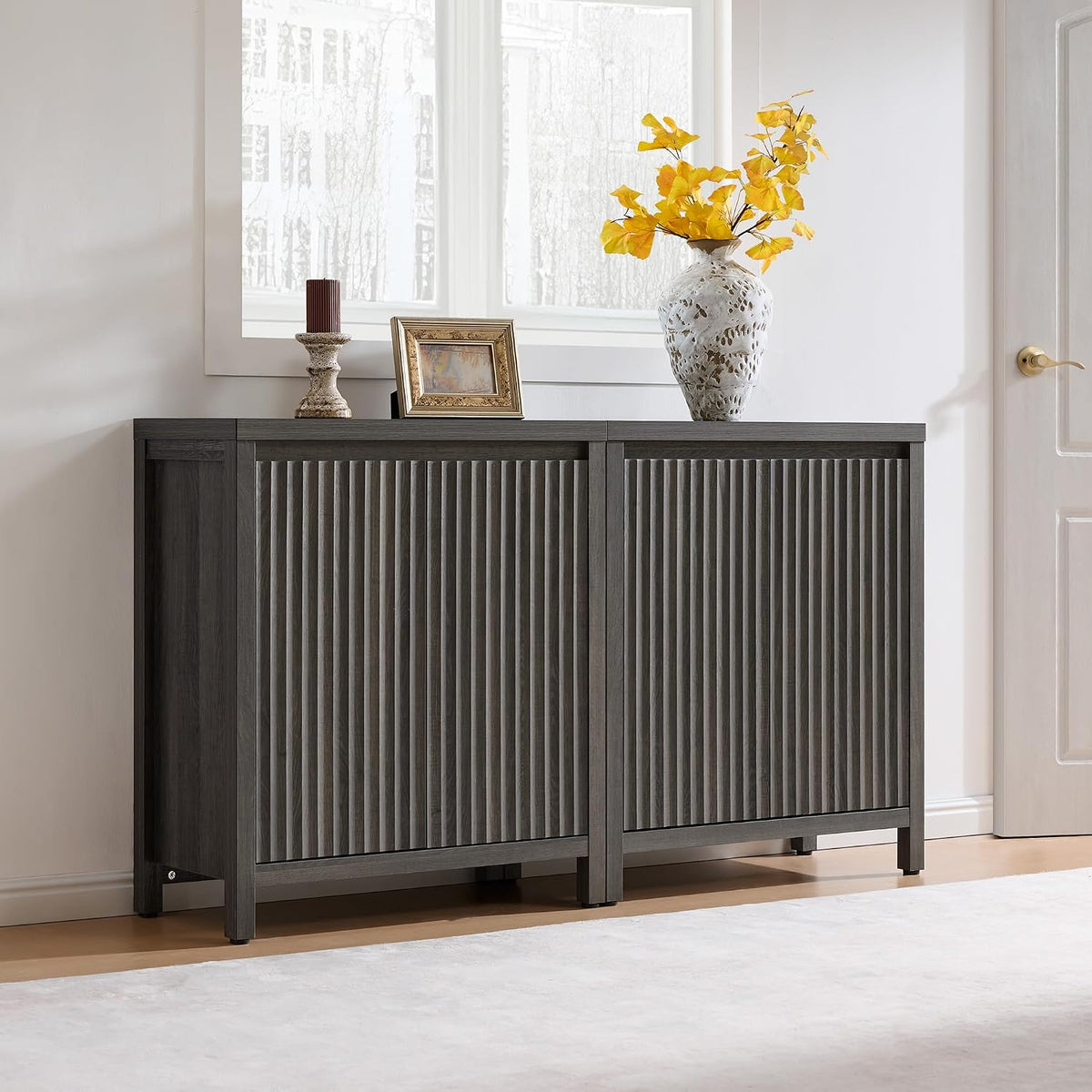 SICOTAS Sideboard Buffet Cabinet with Storage, Fluted Credenza Console Cabinet with Adjustable Shelves, Modern Coffee Bar Storage Cabinet for Kitchen, Living Room, Entryway, Black Oak, 3 PCS