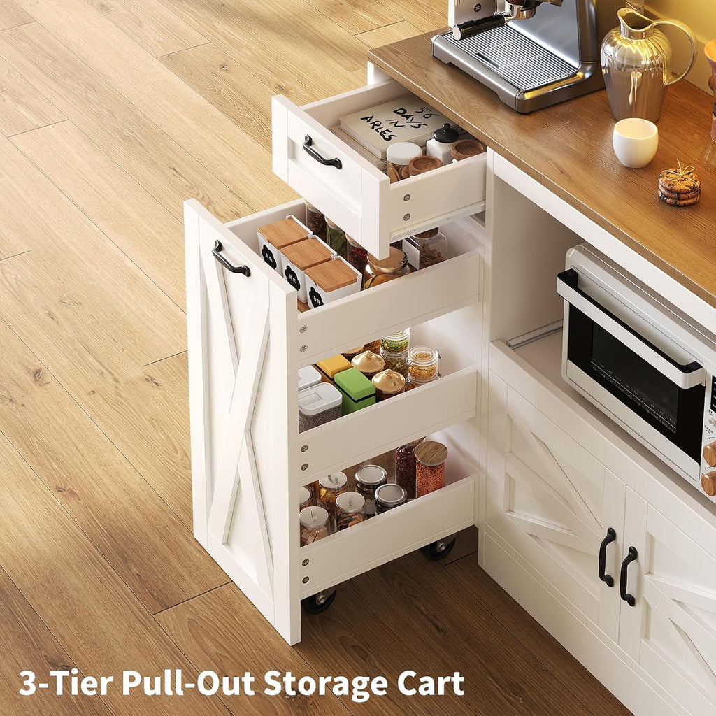 70.87" Kitchen Pantry Cabinet with LED Lighting & Charging Station, Farmhouse Storage Cabinet with X Barn Doors, Pull-Out Shelf & Adjustable Shelves, Coffee Bar Pantry for Dining Room, White