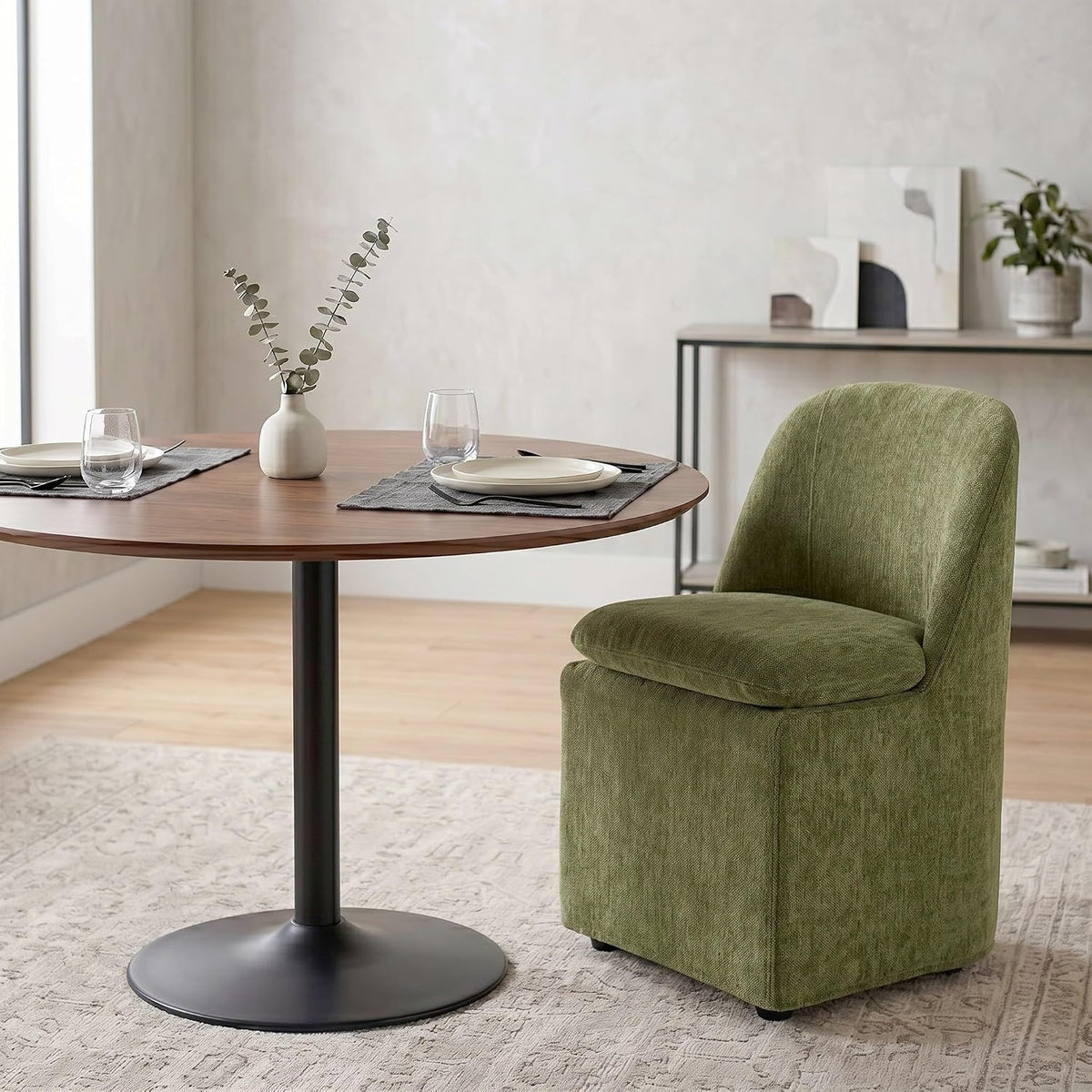 KISLOT Upholstered Dining Chairs Set of 2 with Hidden Casters, Modern Kitchen Chairs with Removable Washable Cover, Padded Dining Room Chairs with Chenille Velvet Fabric & Metal Frame, Green