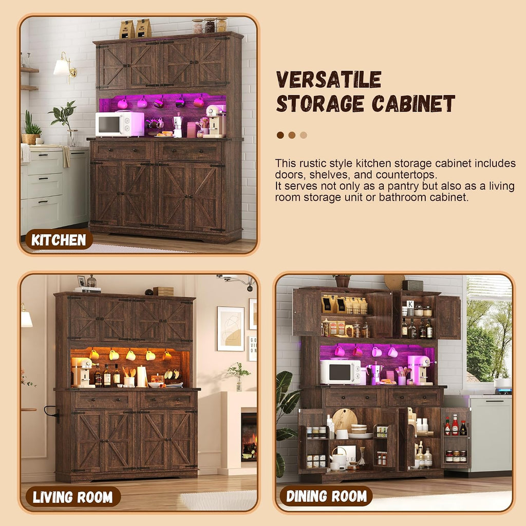 71" Tall Large Pantry Storage Cabinet w/Power Outlet,55" Wide Farmhouse Kitchen Hutch Storage Cabinet w/Barn Doors,2 Drawer,Large Countertop,LED Light,Rustic Coffee Bar,6 Hooks,8 Doors Shelves,Brown