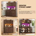 71" Tall Large Pantry Storage Cabinet w/Power Outlet,55" Wide Farmhouse Kitchen Hutch Storage Cabinet w/Barn Doors,2 Drawer,Large Countertop,LED Light,Rustic Coffee Bar,6 Hooks,8 Doors Shelves,Brown