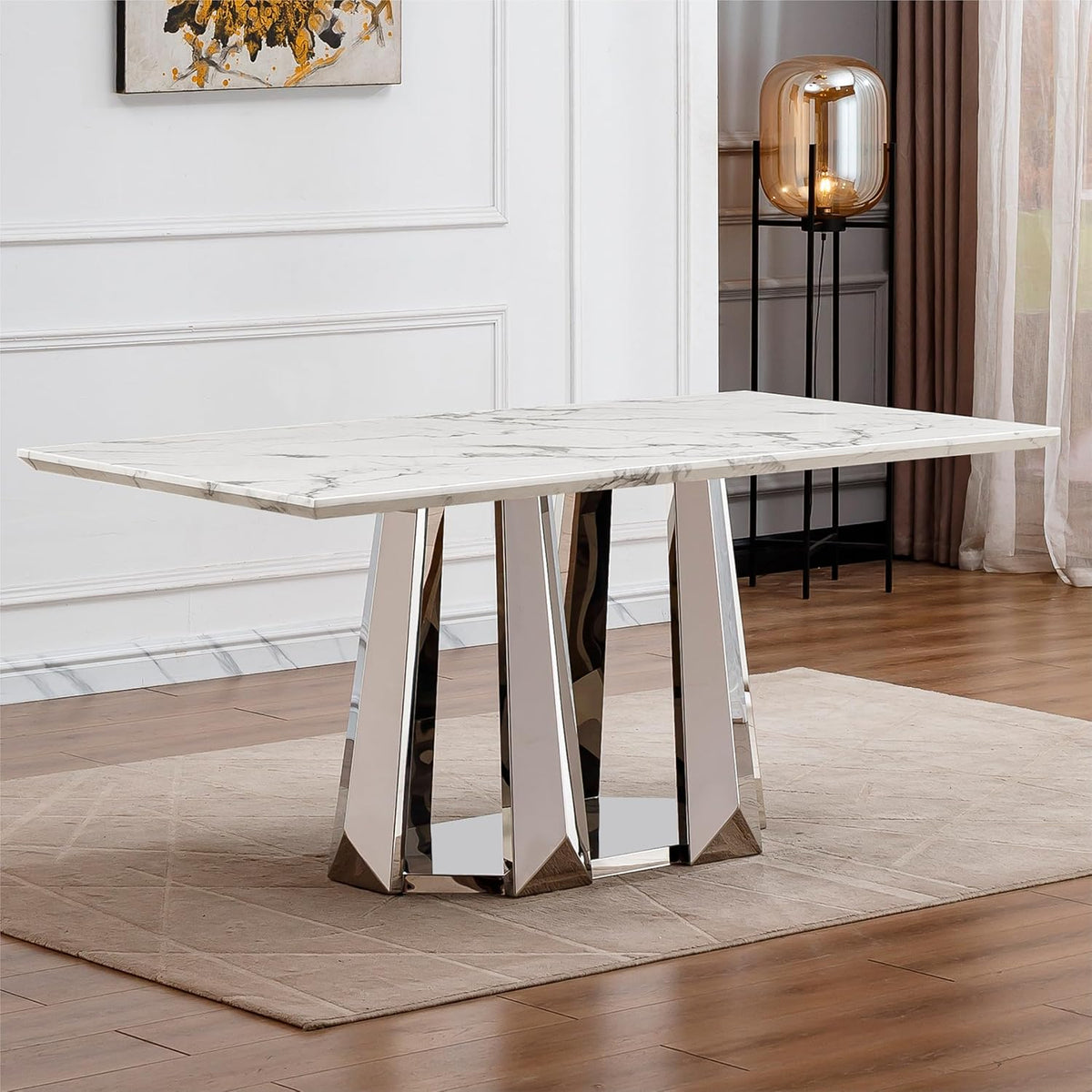 70'' Faux Marble Dining Table for 6-8, Modern Dining Room Table with Mirrored Stainless Steel Base, Suitable for Kitchen, Restaurant, Office, MDF Finish-White Silver