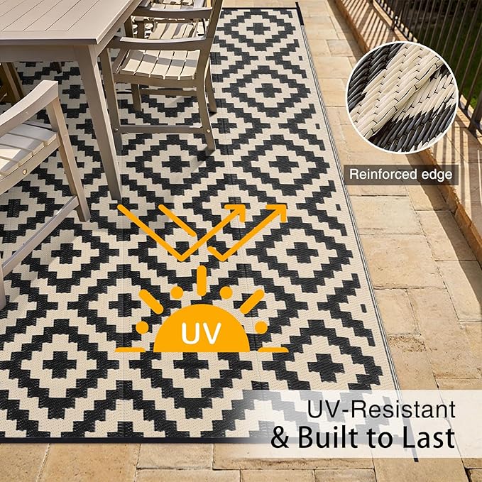 OLANLY Waterproof Outdoor Rug 6x9 ft, Outdoor Plastic Straw Rug for Camping, RV Mat Outside, Outdoor Carpet for Porch, Deck, Backyard, Balcony, Picnic, Black & Beige