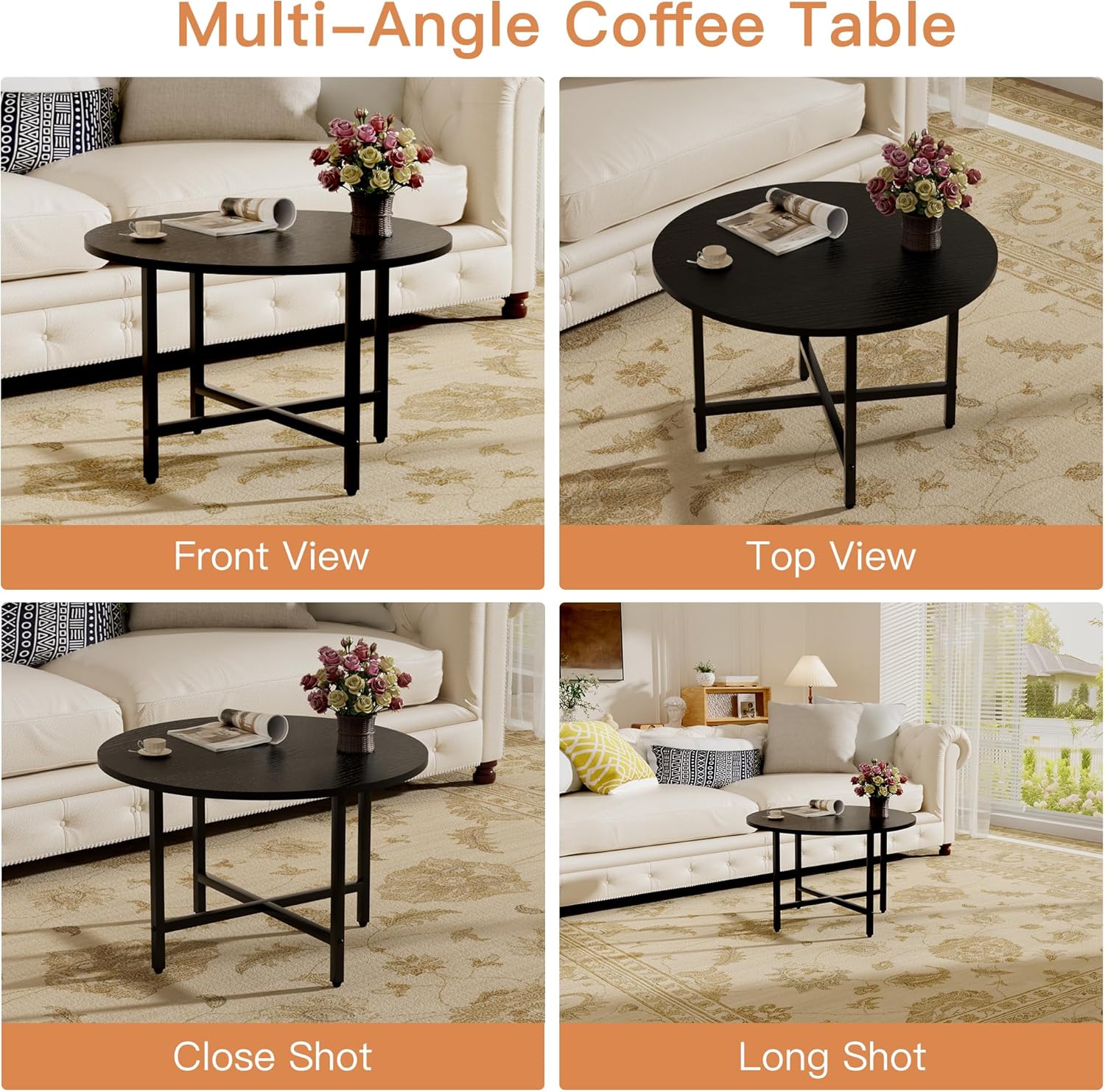 FAMIDGE Coffee Table, 23.6" Coffee Tables for Living Room, Round Coffee Table with Metal Frame, Floor Table for Sitting on The Floor, Home, Office, Black