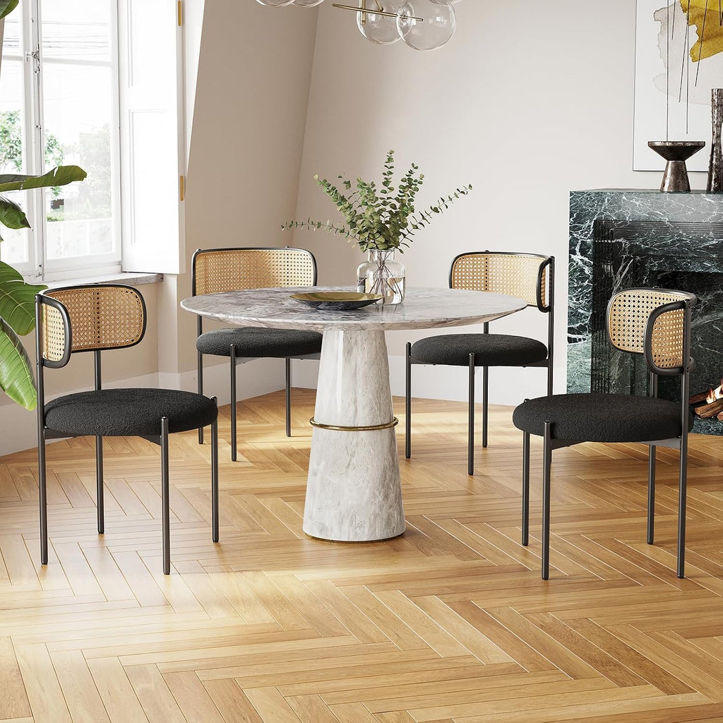 Farini Dining Chairs Set of 4,Mid-Century Modern Kitchen Chair Rattan Backrest Round Upholstered Sherpa Dining Chairs with Metal Legs,Black