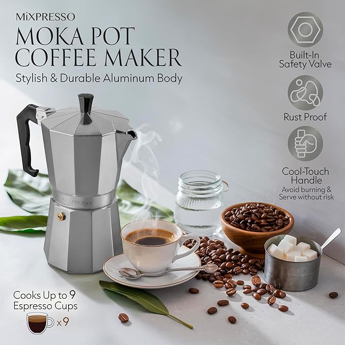 Mixpresso 9 Cup Moka Pot Cuban Coffee Maker, Moka Pot for Gas, Electric Stove Top, Classic Italian Coffee Maker, Stovetop Espresso Maker, Camping Pot Makes 9 Espresso Cup 14 Oz