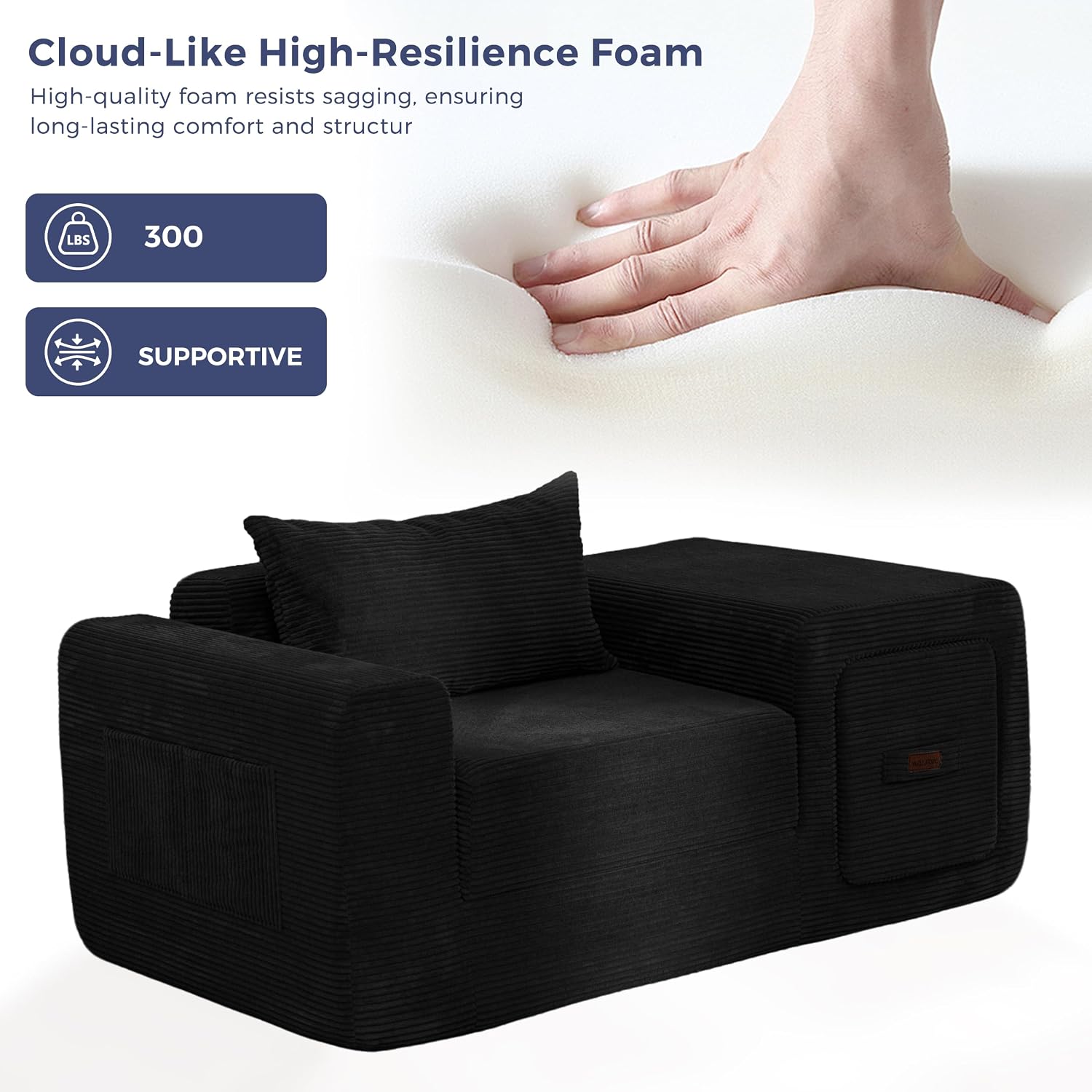 MAXYOYO Folding Sofa Couch, Convertible Floor Sofa with Armrest, Multifunctional Sofa with Pillow and Pockets, Couch for Living Room, Black
