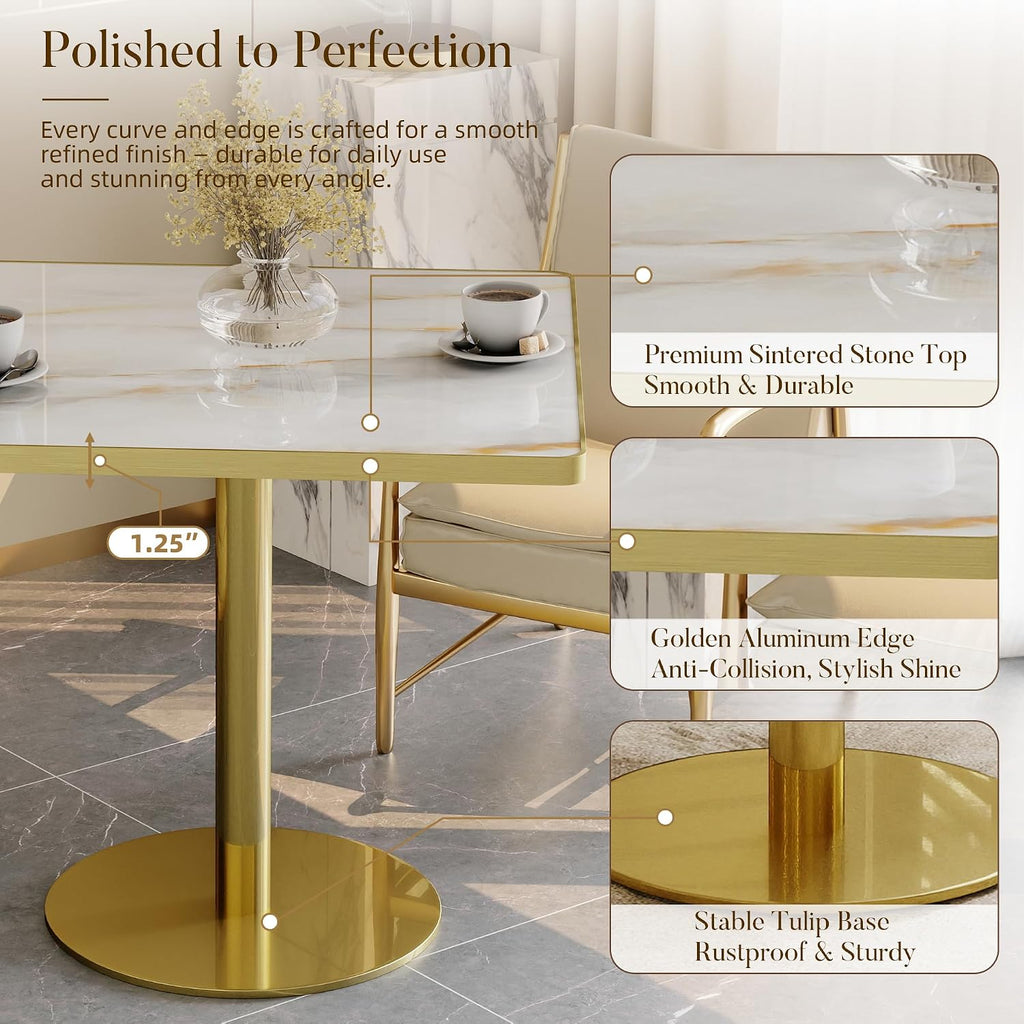 31.5'' Square Modern Dinning Table with Sintered Stone Tabletop, Golden Edge & Pedestal Base, Bistro Tulip Table for 2-4 Person for Dining Room/Cafe/Small Spaces/Restaurant (Crystal Onyx)