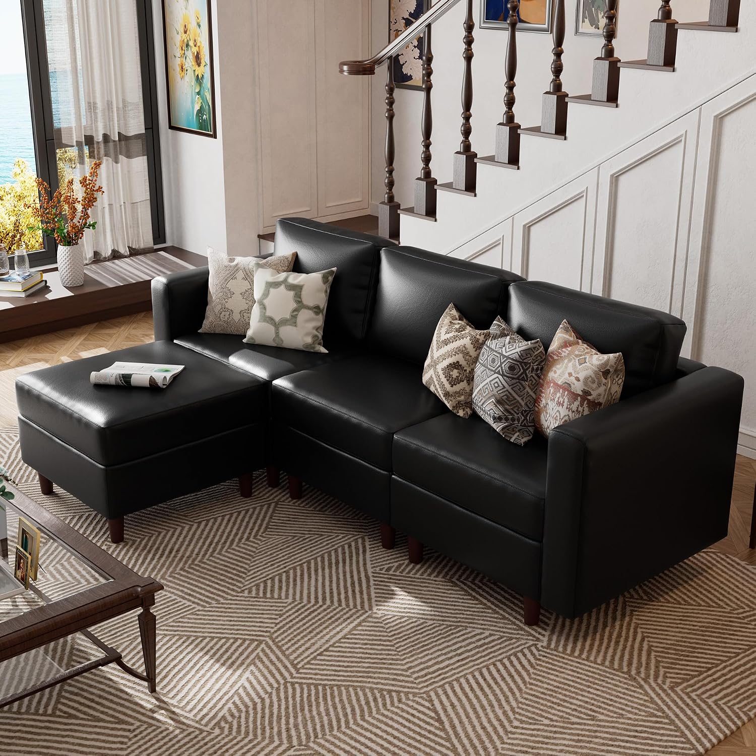 ABCASA Sofa Modular Sectional Faux Leather Sectional Sofa Module Black