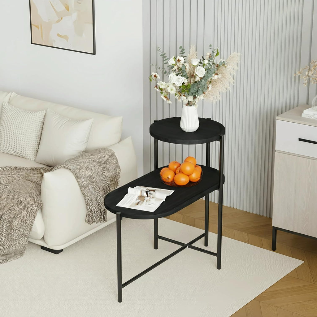 2 Tier Oval Side Table, Modern X-Leg End Table with Round Storage Tray, Black Metal Frame & Wooden Tabletop Design for Living Room, Bedroom & Office (Black)