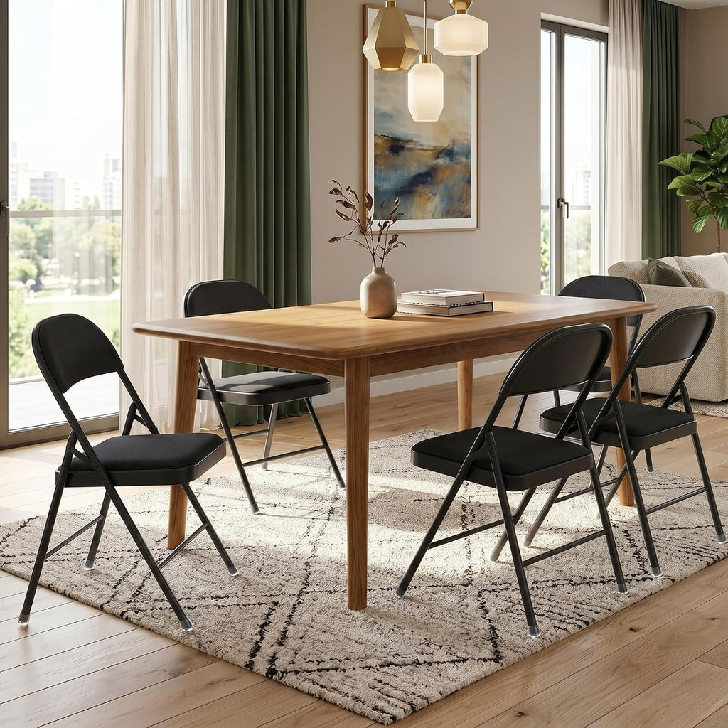 6 Pack Black Folding Chairs with Fabric Padded Cushion and Back | Comfortable Dining Chair Set with Metal Frame Indoor Outdoor Seat for Parties Home Office Events Wedding Extra Guest Seating