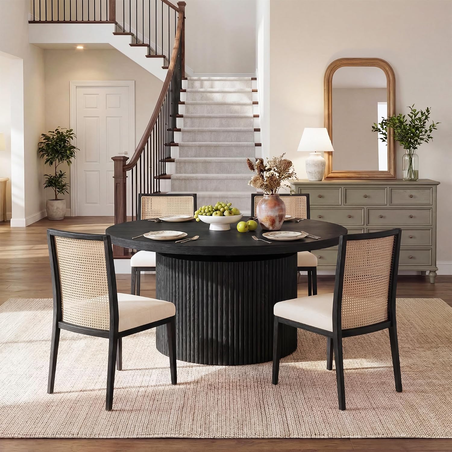 HUAHUU Extendable Round Dining Table for 4-8, 39in-77in Long Large Kitchen Table with Fluted Base, Space Saving Modern Farmhouse Oval Dinner Tables for Dining Room, Kitchen, Living Room, Natural