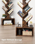 Evermagin 6 Tier Tree Bookshelf with Light, Bookcase, Rustic Brown | Narrow Tower Design, Storage Cabinet for Book Organization, Tall Floor Standing Use, Living Room, Bedroom and Home Office