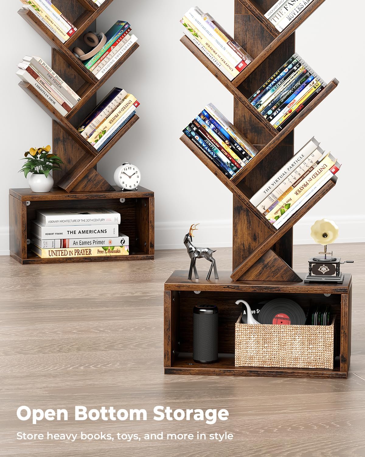 Evermagin 6 Tier Tree Bookshelf with Light, Bookcase, Rustic Brown | Narrow Tower Design, Storage Cabinet for Book Organization, Tall Floor Standing Use, Living Room, Bedroom and Home Office