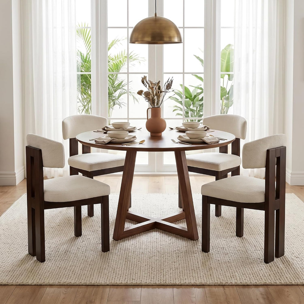 COLAMY Upholstered Dining Chairs Set of 2, Solid Wood Wobble-Free Modern Kitchen Accent Seating for Long Family Dinners, Mid Century Beige Fabric & Walnut Finish,Beige