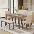 Zevemomo 6-Piece Solid Wood Dining Table Set, Including 1 Dining Table, 4 Upholstered Chairs and 1 Bench, Dining Table Sets for 6, Wooden Legs Table Set for Dining Room, Kitchen, Brown