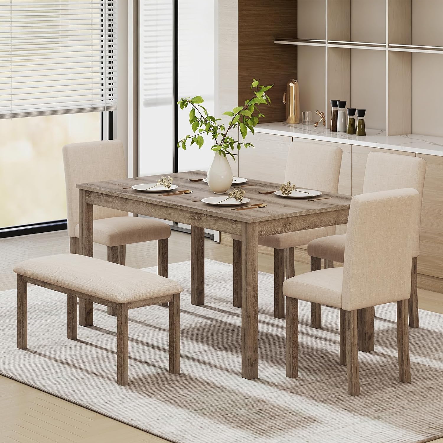 Zevemomo 6-Piece Solid Wood Dining Table Set, Including 1 Dining Table, 4 Upholstered Chairs and 1 Bench, Dining Table Sets for 6, Wooden Legs Table Set for Dining Room, Kitchen, Brown