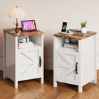 MXV Farmhouse Nightstands with Charging Station, End Tables Set of 2 with Barn Door, Sofa Side Table with Storage Space for Bedroom, Living Room (White)