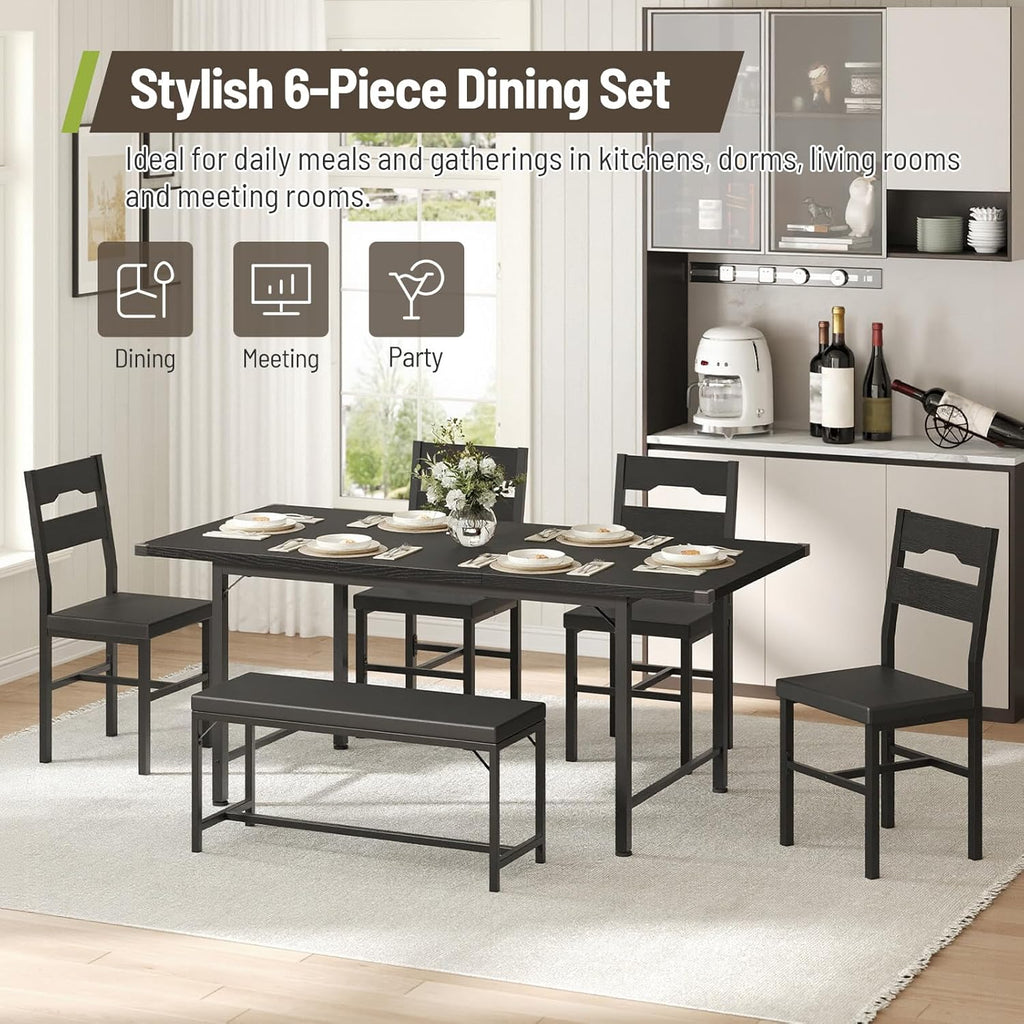6-Piece Dining Table Set for 4-8, 63" Extendable Kitchen Table with 4 PU Upholstered Dining Room Chairs & Bench, Heavy-Duty Metal Frame, Space-Saving, for Small Space, Office, Kitchen, Black