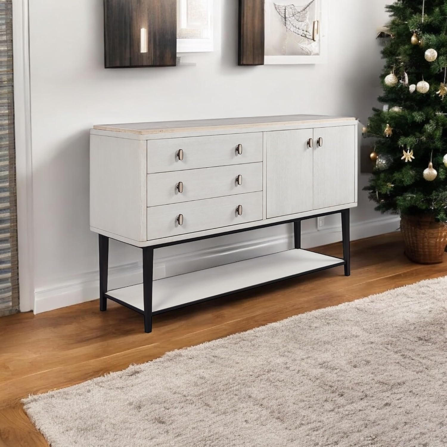 White Solid Wood Server with Metal Base, Solid Wood + MDF | Modern server with soft-close drawers and metal base