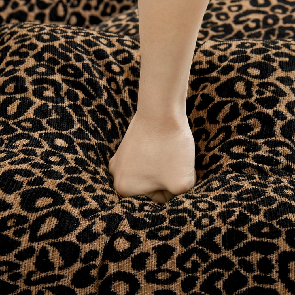Ottoman Leopard Chenille – Brown & Black Modern Modular Footstool with Luxe Chenille Fabric, Tassel Trim, Ergonomic Support Assembly