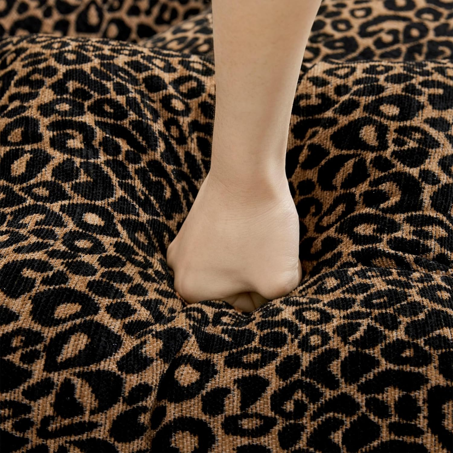 Ottoman Leopard Chenille – Brown & Black Modern Modular Footstool with Luxe Chenille Fabric, Tassel Trim, Ergonomic Support Assembly