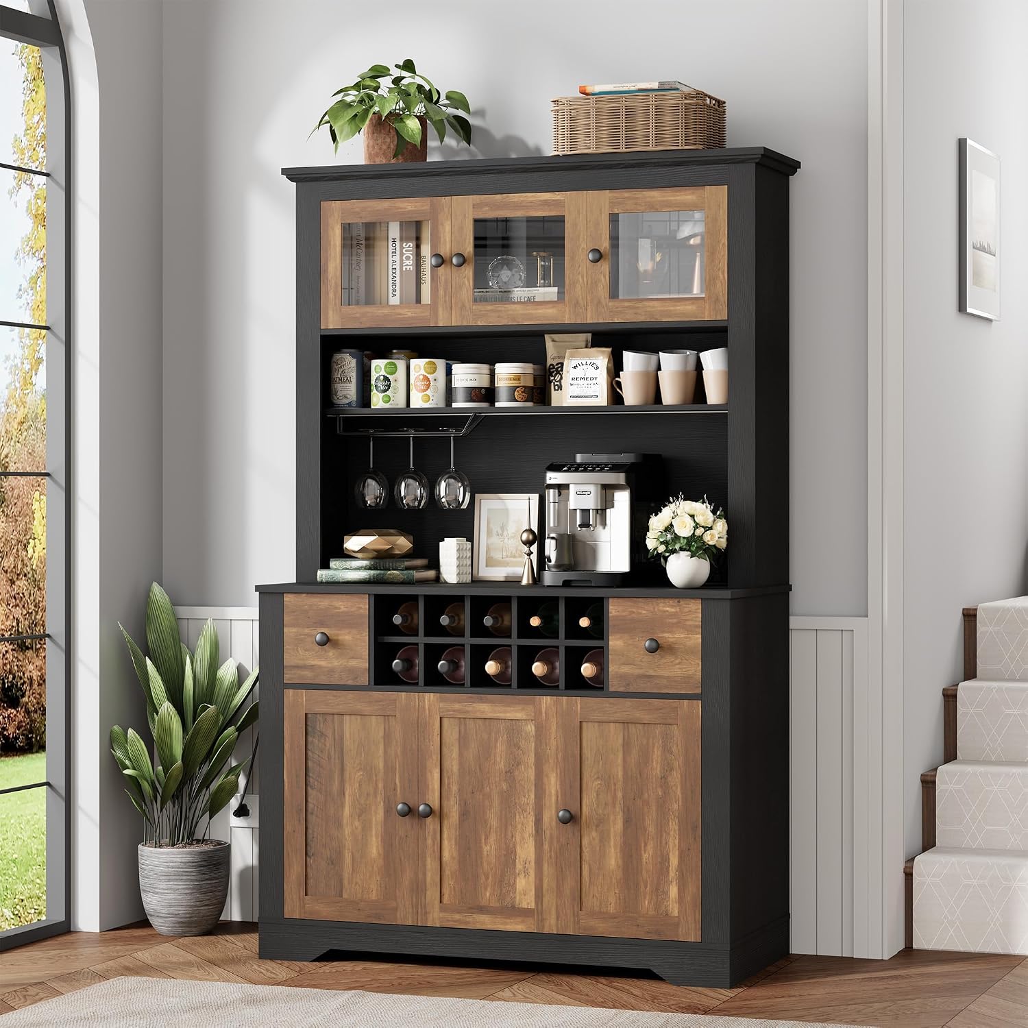 GAOMON 69" Pantry Cabinet with LED Light & Charging Station, Kitchen Pantry Storage Cabinet with Drawer & Adjustable Shelves, Coffee Bar Table for Kitchen Room, Living Room, Dining Room, Black