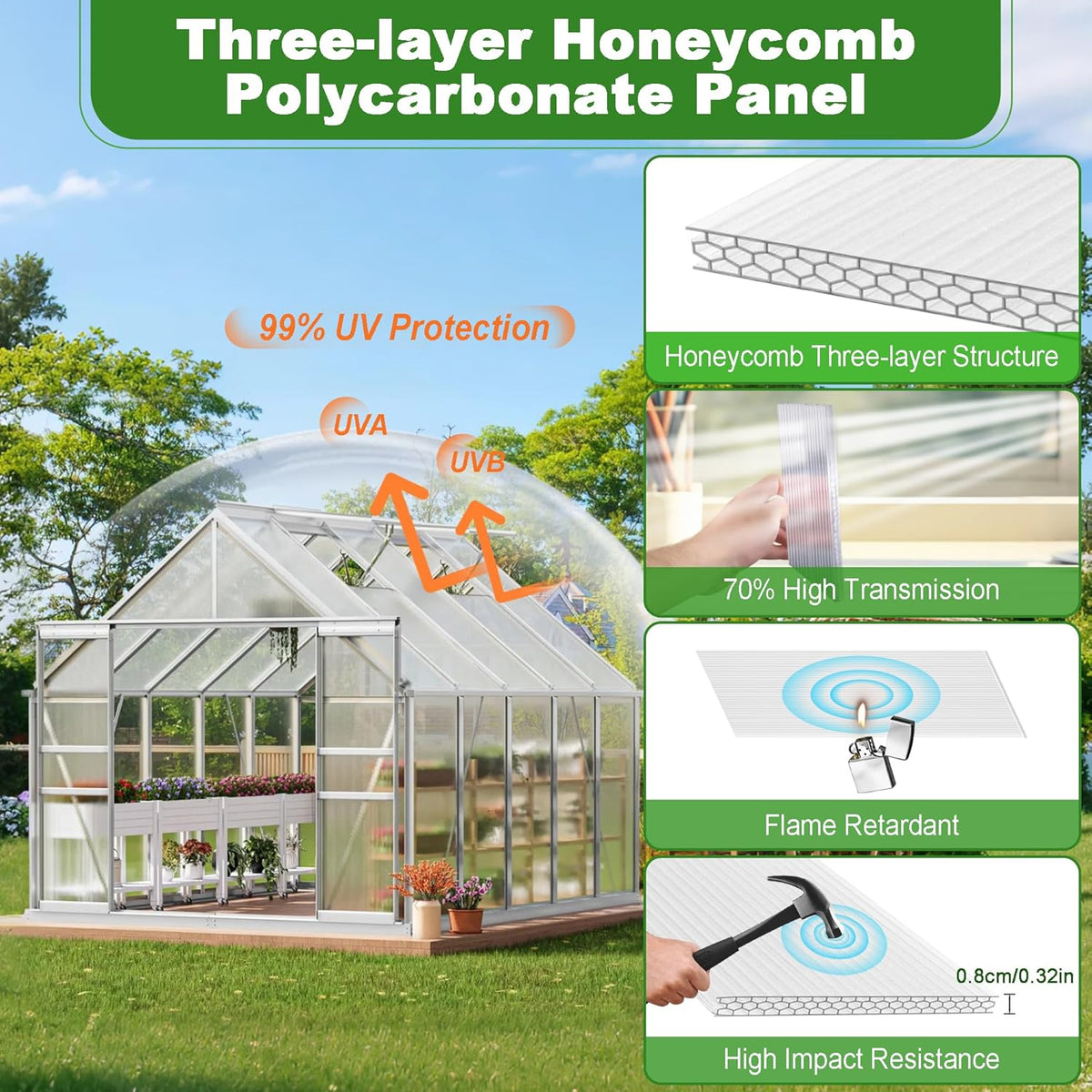 6PCS Polycarbonate Greenhouse Panels, 4' x 2' x 0.32'' Three-layer Honeycomb Panels Polycarbonate Sheet, Clear Waterproof UV Protected Corrugated Plastic Roof Panels for Greenhouse Replacement