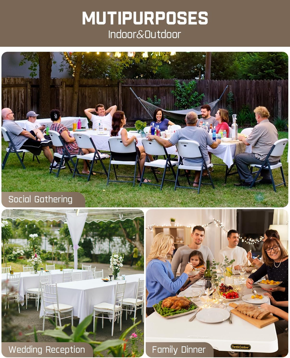 FanttikOutdoor 8ft Folding Table with Six Legs, 500 LBS, Party, Camping | Heavy Duty Plastic Fold-in-Half Foldable Table, Portable w/Handle for Indoor Outdoor Wedding Office Banquet White Zeta X8 Pro