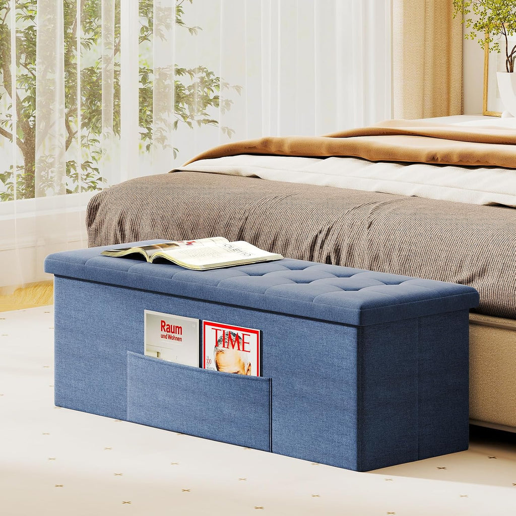 GOFLAME 43 Inches Folding Storage Ottoman Bench, Linen Fabric End of Bed Bench with Padded Seat and Side Pocket, Large Foot Rest Stool, Storage Chest for Entryway, Living Room, Bedroom, Blue