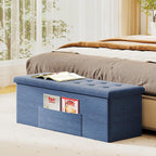 GOFLAME 43 Inches Folding Storage Ottoman Bench, Linen Fabric End of Bed Bench with Padded Seat and Side Pocket, Large Foot Rest Stool, Storage Chest for Entryway, Living Room, Bedroom, Blue