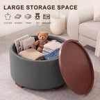 29.1 Inch Round Ottoman Coffee Table, Ottoman with Storage, Boucle Grey | Storage Ottoman with Removable Lid Top, Solid Wood Legs, Round Ottoman for Living Room, Bedroom, Apartments