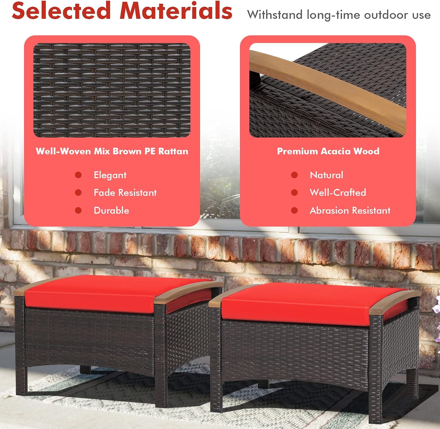 Tangkula 2 Piece Patio Rattan Ottomans, Outdoor Wicker Footstool w/Acacia Wood Handles, Soft Zippered Cushions, 3-in-1 Function Footstool Seat & Side Table for Backyard, Balcony, Poolside (Red)