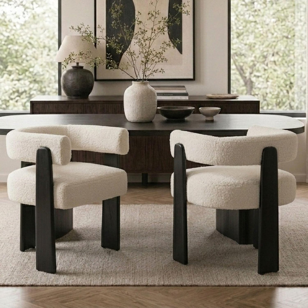 Hyfirm Modern Boho Dining Chairs Set of 2, White Boucle Upholstered Barrel Armchairs with Plush Teddy Fabric, Solid Black Wooden Legs, Mid-Century Accent Chairs for Dining Room, Living Room, Kitchen