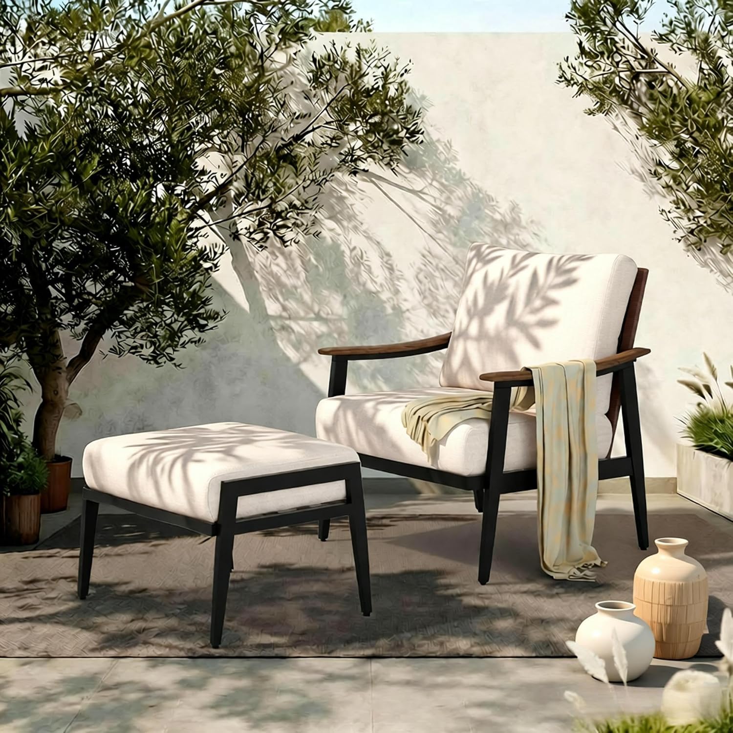 NATURAL EXPRESSIONS Patio Outdoor Chair with Ottoman, Wicker Backrest | 1 Matched Ottoman, Adjustable Feet, Natural Wood-garin Texture Arm, 6" Removable Cushion, Patio Sofa for Porch, Deck, Balcony
