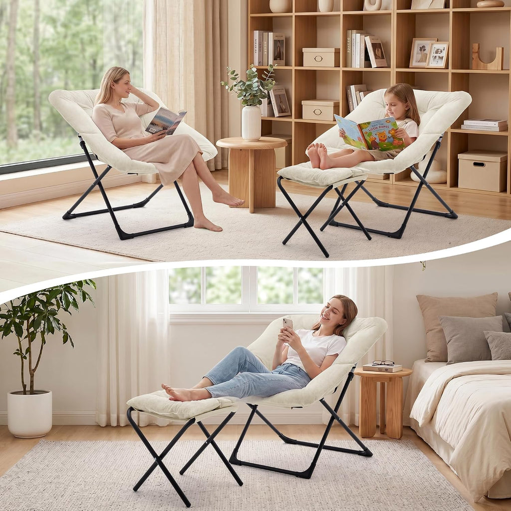 Saucer Chair with Ottoman, Foldable Living Room Chairs, Faux Fur Comfy Reading Chair, Lounge Chair for Bedroom Dorm Small Spaces, Beige