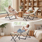 Saucer Chair with Ottoman, Foldable Living Room Chairs, Faux Fur Comfy Reading Chair, Lounge Chair for Bedroom Dorm Small Spaces, Beige