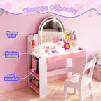 Teckid Kids Vanity Table and Chair Set with Lighted USB Mirror & Shelf | 3-mode USB lighted mirror with USB port. Open bookshelf. Small shelf below. Round corners. Stable stool. Easy to clean