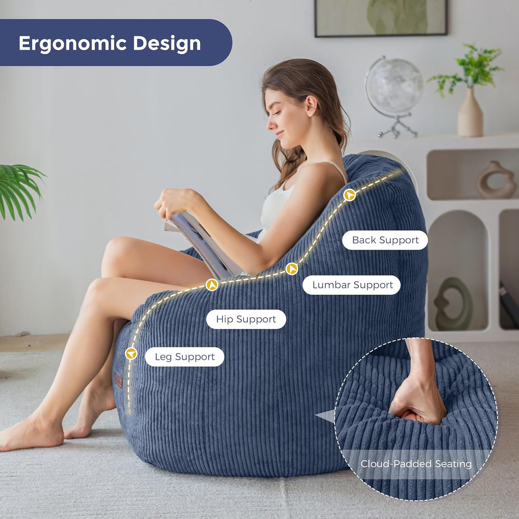 MAXYOYO Bean Bag Chair for Adults, Foam-Filled Floor Sofa for Reading | Bean Bag Chair for Adult with Filler, Cozy Living Room Chair for Bedroom Dorm, Dusty Blue