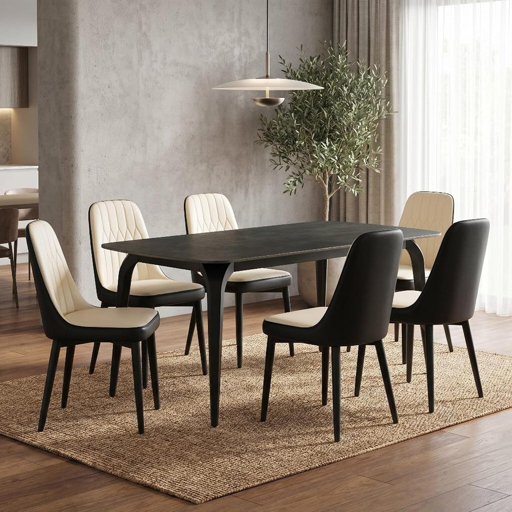 Modern Dining Table Set for 6,63 inch Sintered Stone Kitchen Table and Chairs,Rectangular Dining Table Set of 6 with PU Leather Chair,7 Piece Dining Room Table Set for Kitchen, Office, Apartment