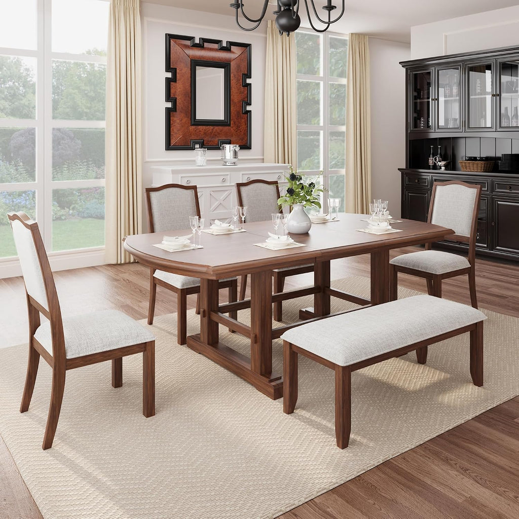 6-Pcs 78'' Extendable Rectangular Dining Table & 4 Upholstered Dining Chairs & 1 Bench, Wood Dining Table Kitchen Table Set for 6 (6-Pcs: 1 Table+4 Chair+ 1 Bench, Cherry)